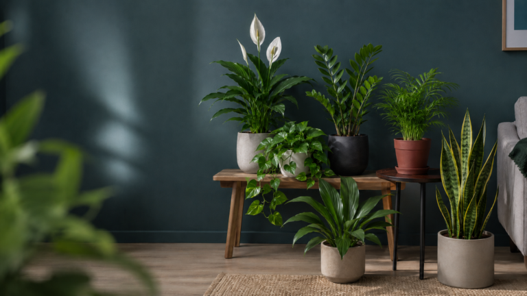 Beginner-friendly low-light indoor plants arranged in a softly lit living room