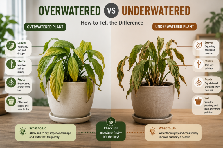 Side-by-side comparison of an overwatered plant with yellow soft leaves and an underwatered plant with dry curled leaves