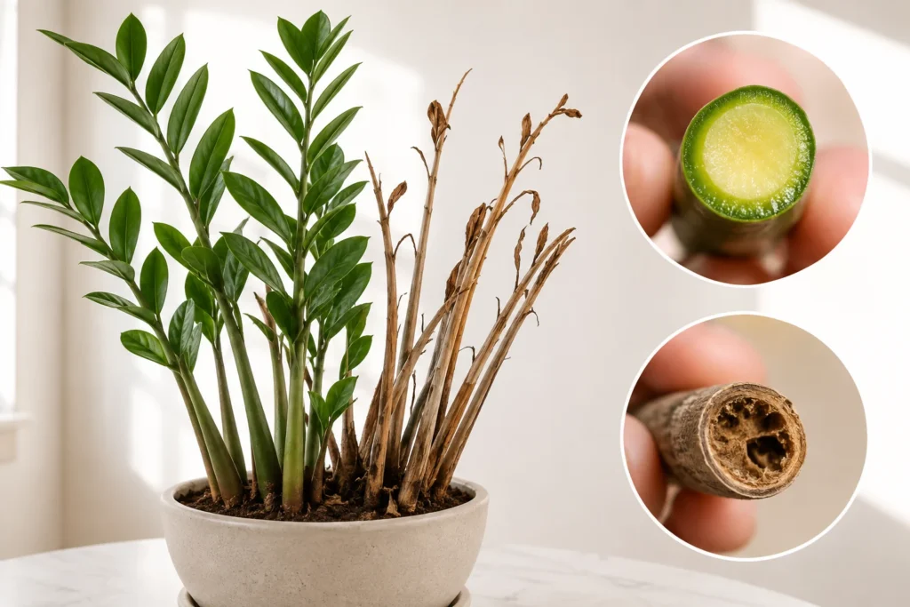 Comparison visual showing living green plant tissue and dead brown plant tissue to illustrate checking each stem individually.