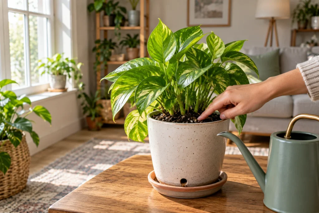 Beginner houseplant setup showing suitable window light, a draining pot, and a soil moisture check before watering.