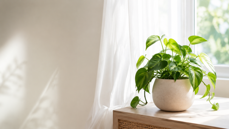 Houseplant beside a window receiving bright indirect light through a sheer curtain