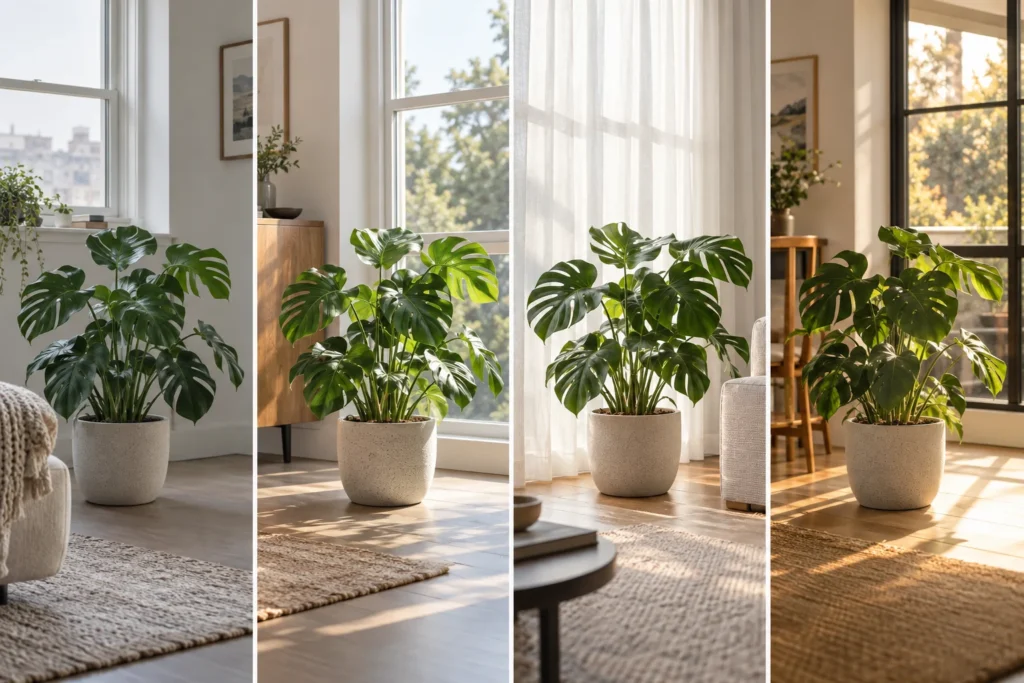 Four indoor houseplant window-light examples showing soft north light, gentle east light, filtered south light, and angled west light.