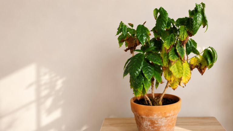 Indoor plant with brown leaf tips and some yellowing leaves in a clean featured image layout