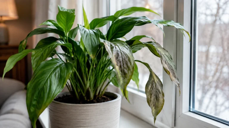 Houseplant near a cold window with dark water-soaked leaf damage concentrated on the side closest to the glass.