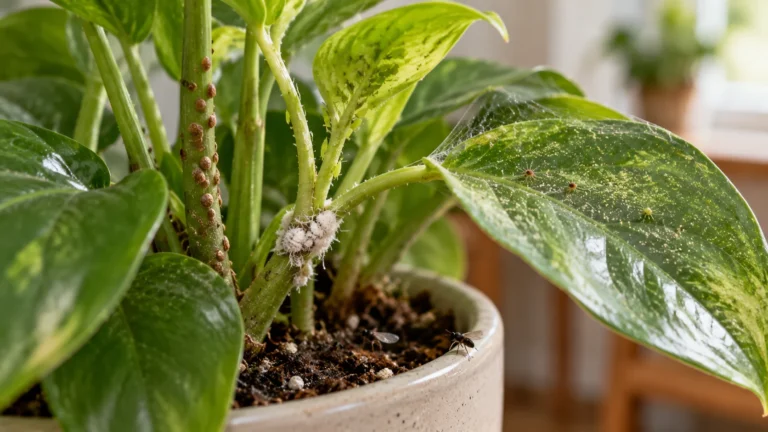 Houseplant showing visible signs of common pests including mealybugs, spider mites, aphids, scale, and fungus gnats.