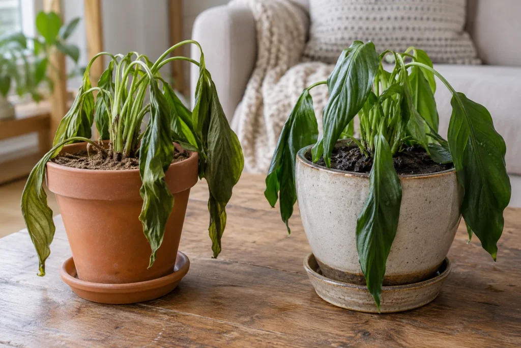 Two drooping houseplants shown with dry soil and wet soil for comparison.