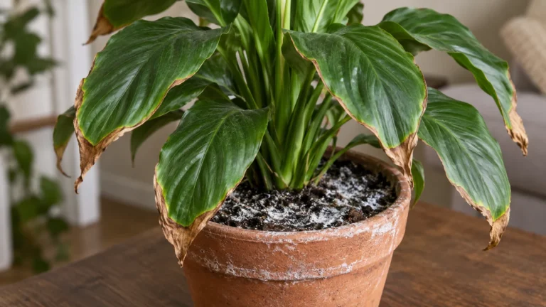 Houseplant with brown crispy leaf tips and white fertilizer salt buildup on the soil and pot.