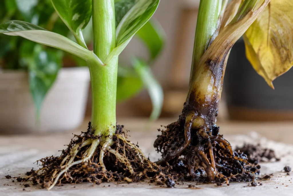 Three-panel houseplant moisture check using a finger test, pot lift, and wooden skewer.