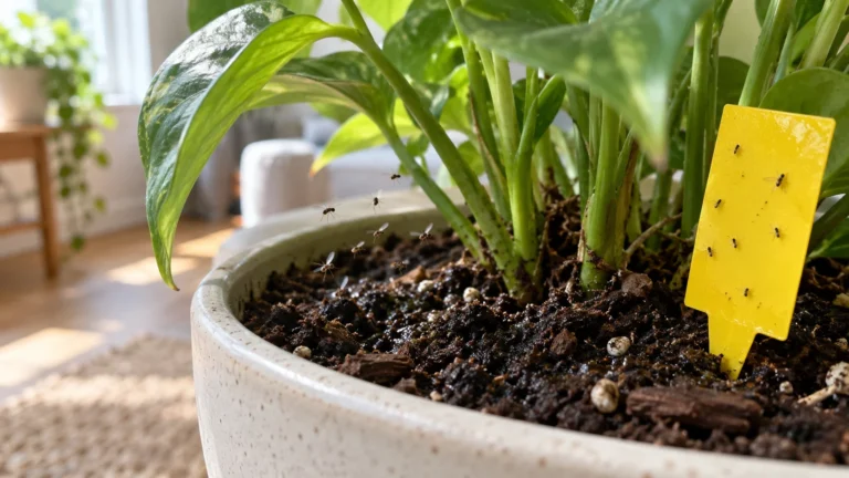 Tiny fungus gnats hovering above moist houseplant soil beside a yellow sticky trap.