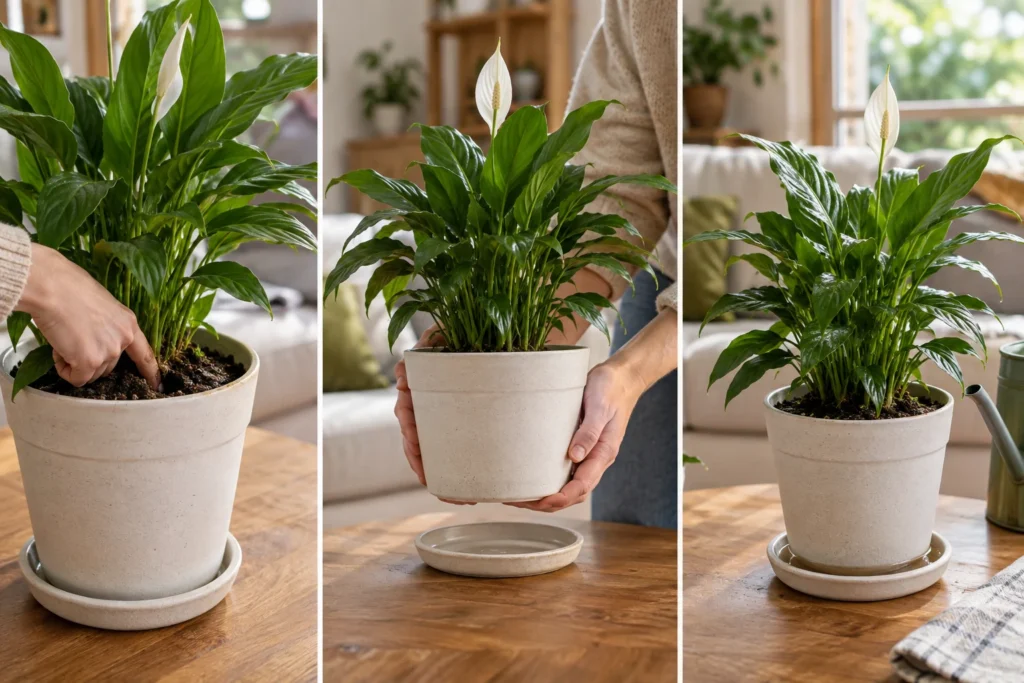 Three practical houseplant watering checks shown together: feeling the soil, lifting the pot to judge weight, and allowing excess water to drain into a saucer.