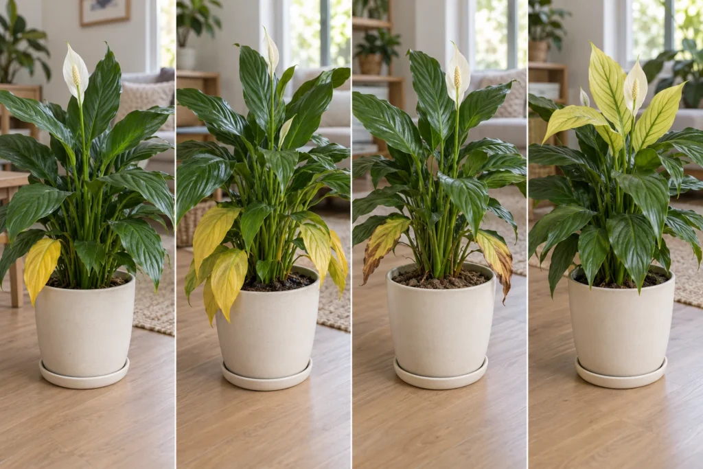 Four houseplant yellowing patterns shown side by side: lower-leaf aging, soft yellow leaves with wet soil, crispy yellow edges with dry soil, and pale new leaves with green veins.