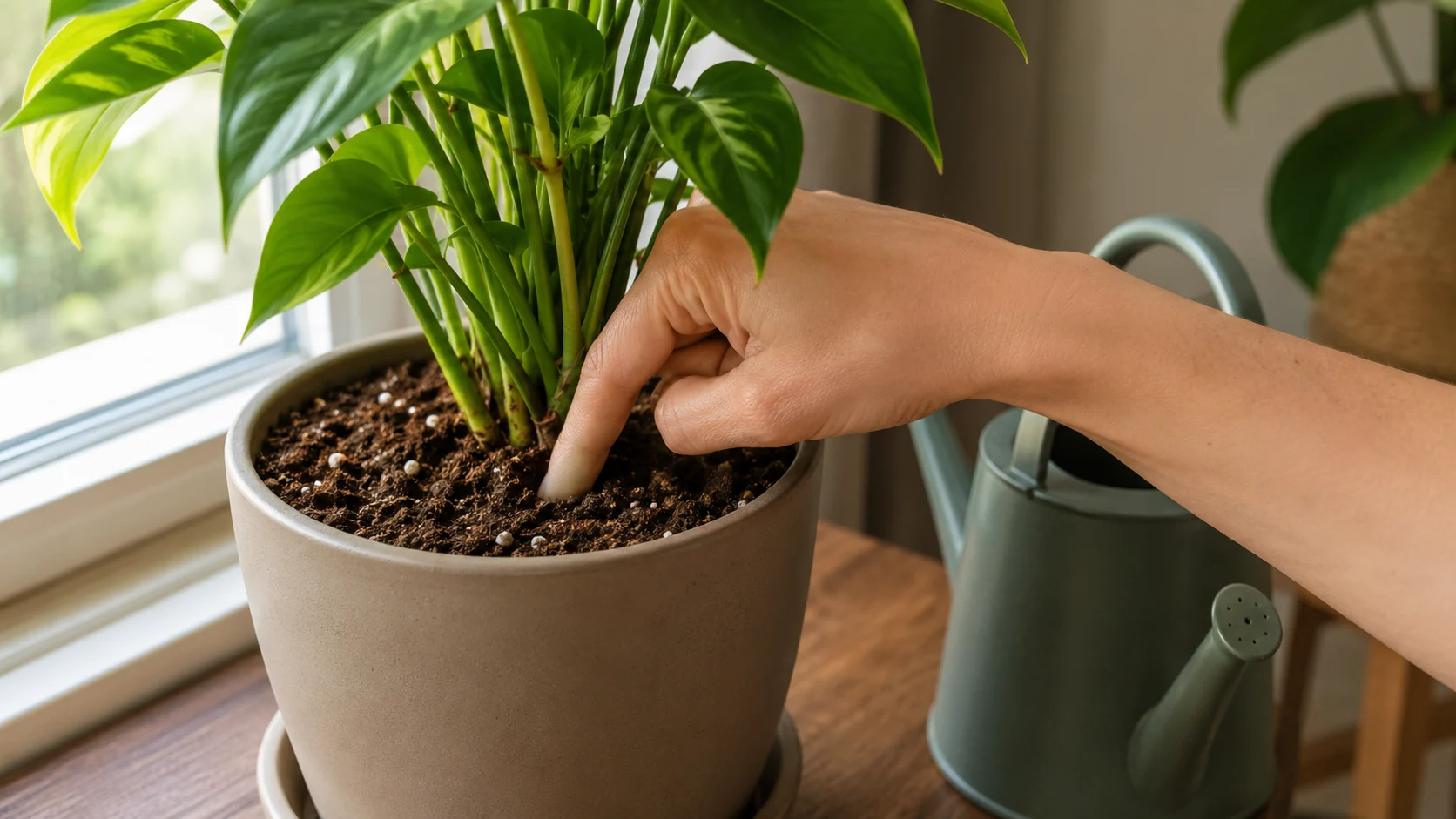 Hand checking houseplant soil moisture with a finger before watering.