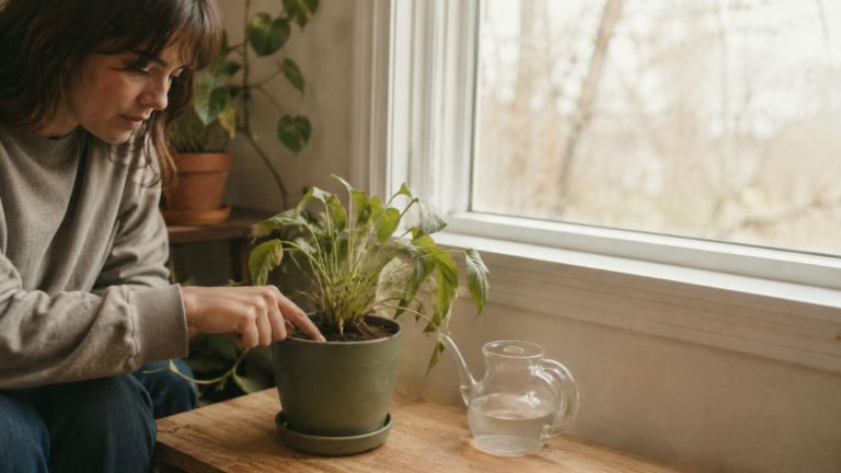 Hand checking the soil of an indoor potted plant to see if it needs water.
