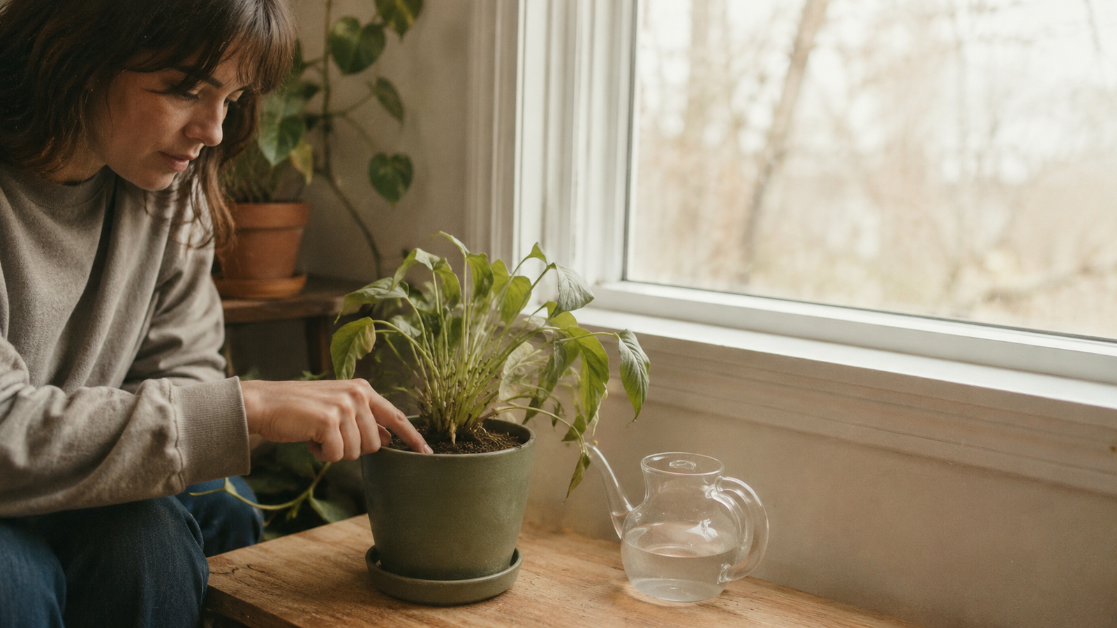 Hand checking the soil of an indoor potted plant to see if it needs water.