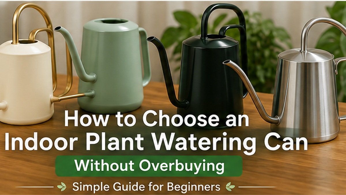 A compact long-spout watering can beside several small indoor plants on a bright shelf.