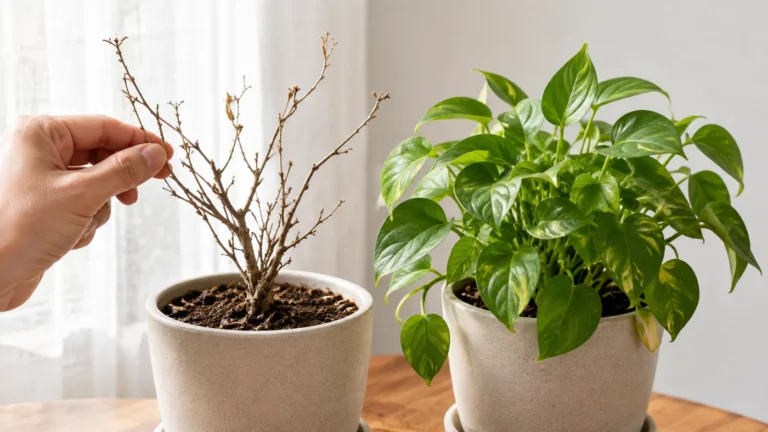 Indoor plant diagnostic guide contrasting a dead-looking plant with a living plant and showing basic checks for signs of life.