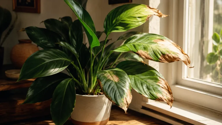Houseplant near a bright window with bleached patches and brown crispy scorch on leaves facing direct light.