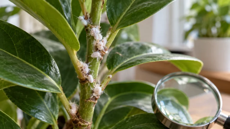 White cottony mealybug clusters gathered at houseplant leaf joints and along a green stem.