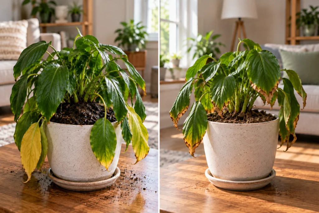 Side-by-side drooping houseplants showing wet dark soil and soft yellowing leaves versus dry pulled-back soil and crispy leaf edges.