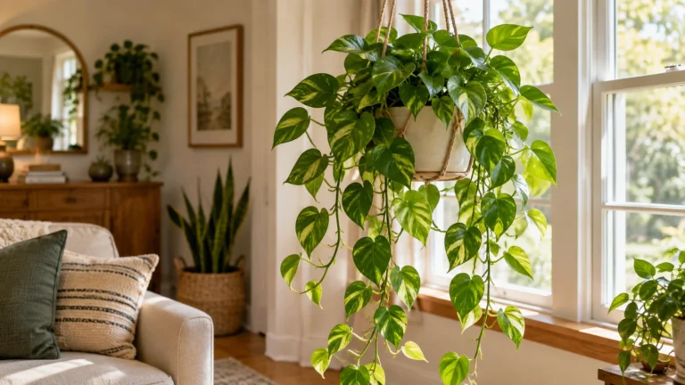 Healthy pothos with trailing vines growing near a bright window in a simple indoor setup.