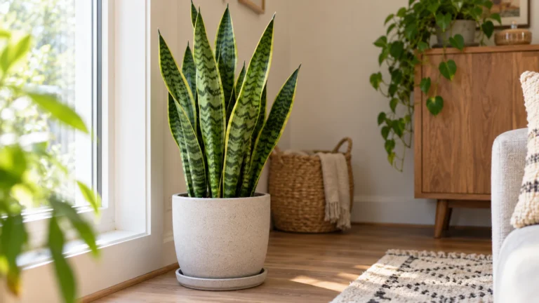Healthy snake plant growing upright near a bright window in a simple indoor setup.