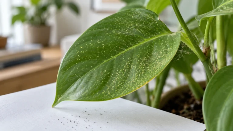Houseplant leaf with spider-mite stippling and fine webbing above white paper used for a tap test.