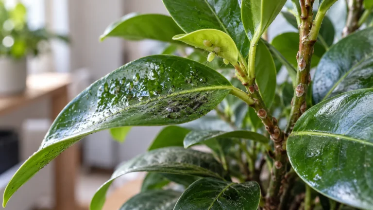Houseplant leaves with sticky honeydew residue, aphids on new growth, and small scale insects along a stem.