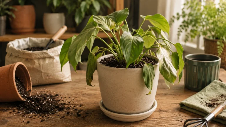 Recently repotted houseplant with mildly drooping leaves showing temporary transplant stress.