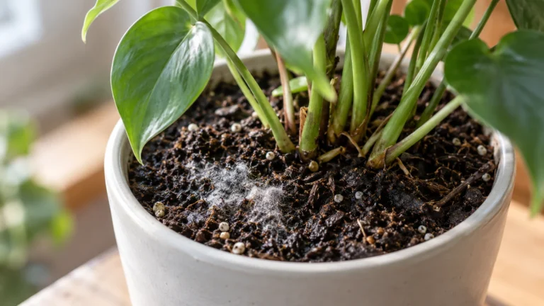 Healthy houseplant with a small patch of white fuzzy growth on the surface of dark potting soil.