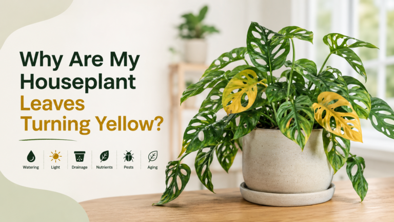 Indoor houseplant with a few yellow leaves among healthy green leaves in a bright home setting