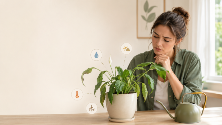 Beginner plant owner examining a drooping indoor houseplant near a window, illustrating common causes of plant drooping.