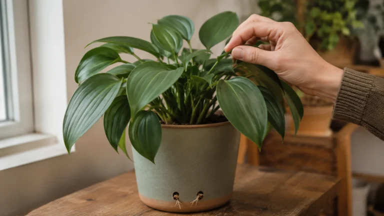 Healthy-looking houseplant with no fresh growth and subtle root-bound roots visible near the pot.