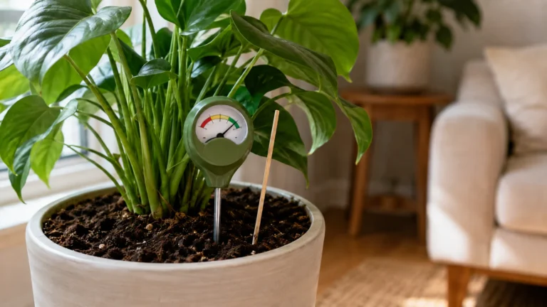 Houseplant pot with an analog soil moisture meter and a wooden skewer used as a manual moisture check.