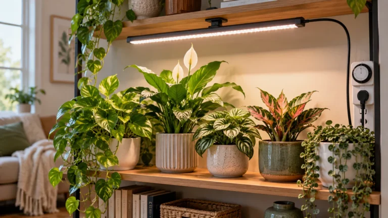Indoor houseplant positioned beneath a grow light in a simple beginner-friendly setup.