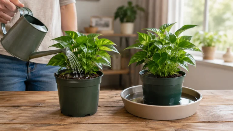 Two houseplants shown with top watering from a can and bottom watering from a shallow tray.