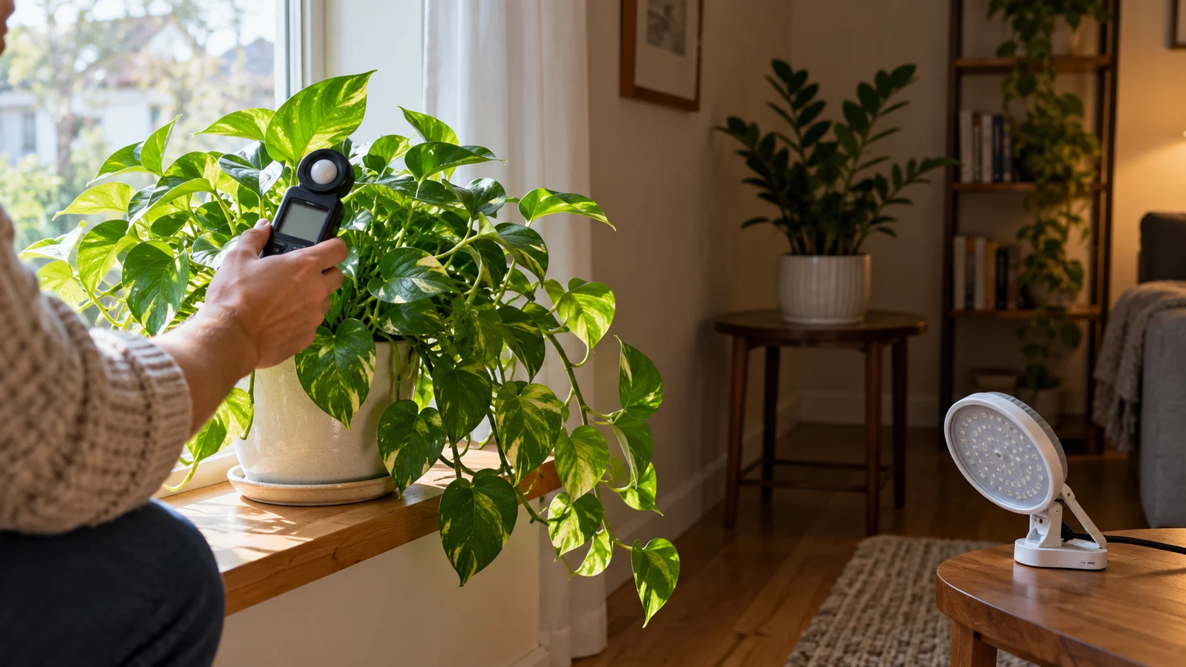 Person comparing indoor light near a houseplant before deciding whether a grow light is needed.