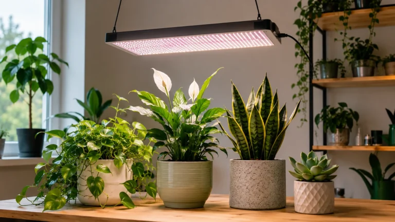 Indoor houseplants illuminated by a broad LED grow light in a bright room.