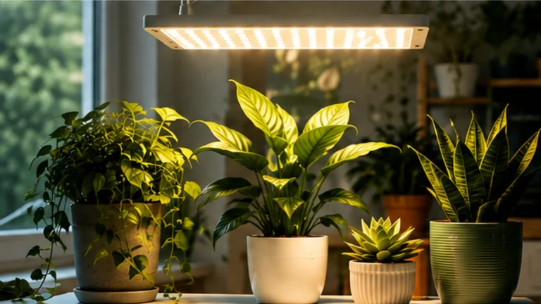 Indoor houseplants positioned beneath an overhead LED grow light with a visible gap above the plant canopy.