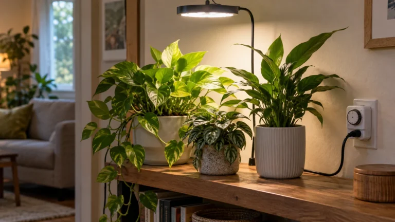 Small indoor grow light setup connected through a plug-in timer beside healthy houseplants.