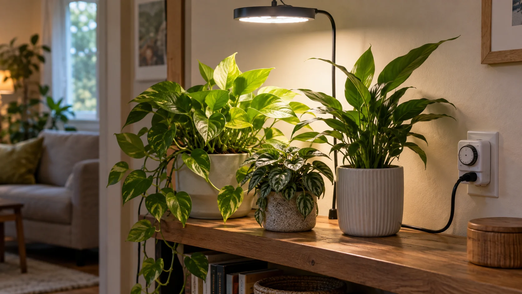 Small indoor grow light setup connected through a plug-in timer beside healthy houseplants.