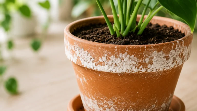Terracotta houseplant pot with visible white mineral deposits around the rim and sides.