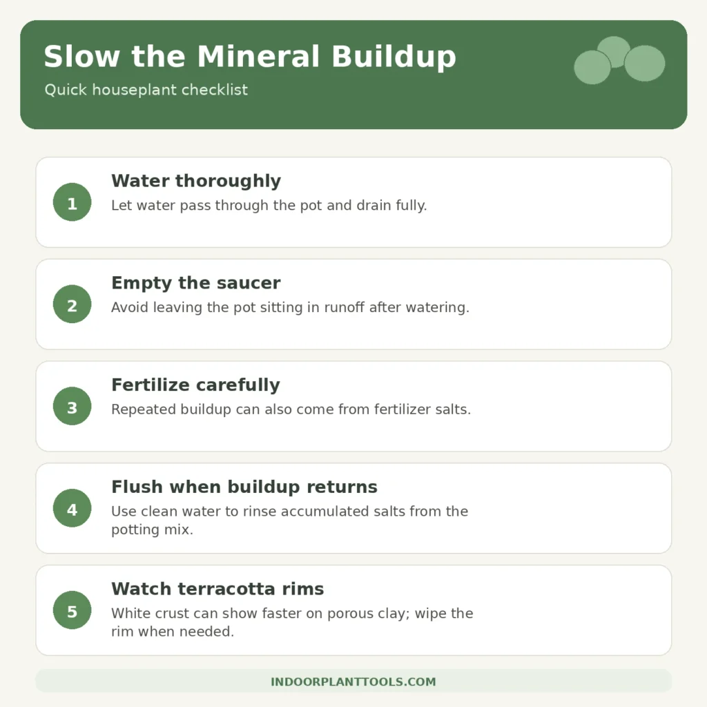 Checklist showing five ways to slow mineral buildup in houseplant pots, including thorough watering, emptying saucers, careful fertilizing, flushing, and watching terracotta rims.