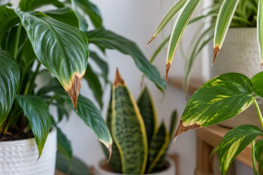 Healthy pale firm roots beside dark soft rotted houseplant roots for comparison.
