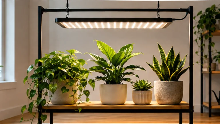 Indoor houseplants arranged beneath an overhead LED grow light on a simple plant stand.