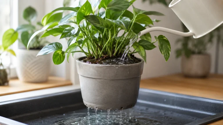 Houseplant being watered slowly until excess water drains from the pot