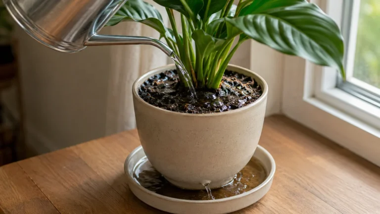 Houseplant being watered slowly and evenly until excess water drains into a saucer.
