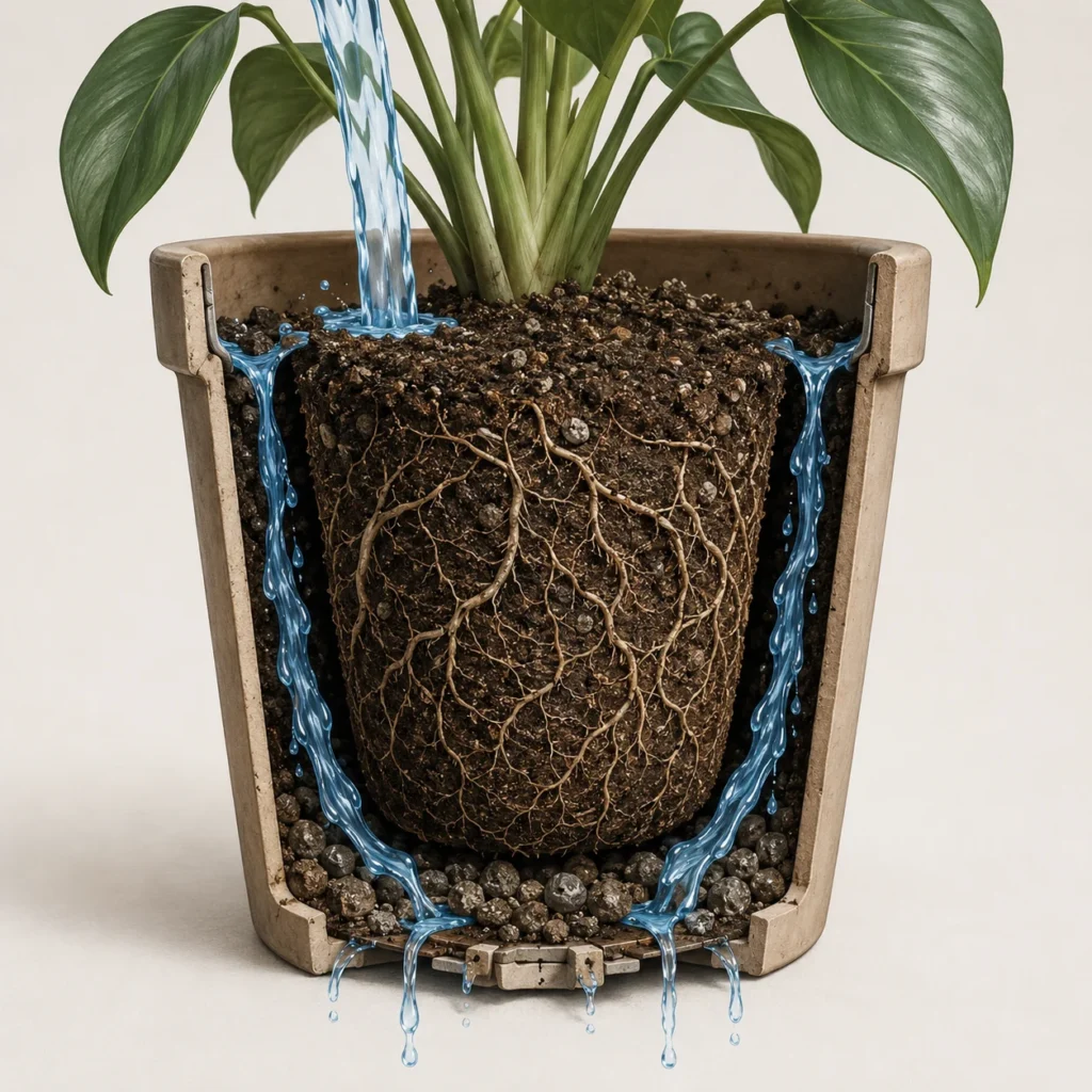 Diagram showing water bypassing a dry root ball through gaps beside the pot