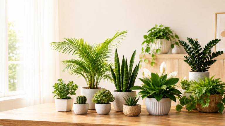 Beginner-friendly indoor plants arranged on a wooden table in a bright home setting