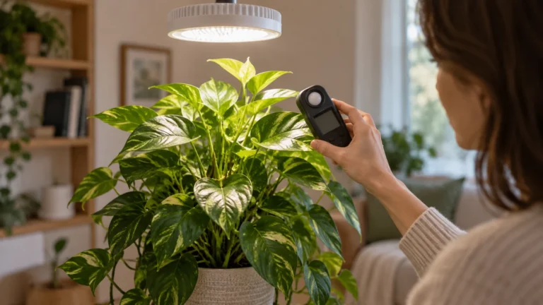 Person checking grow light intensity at leaf height beside a healthy houseplant with new growth.