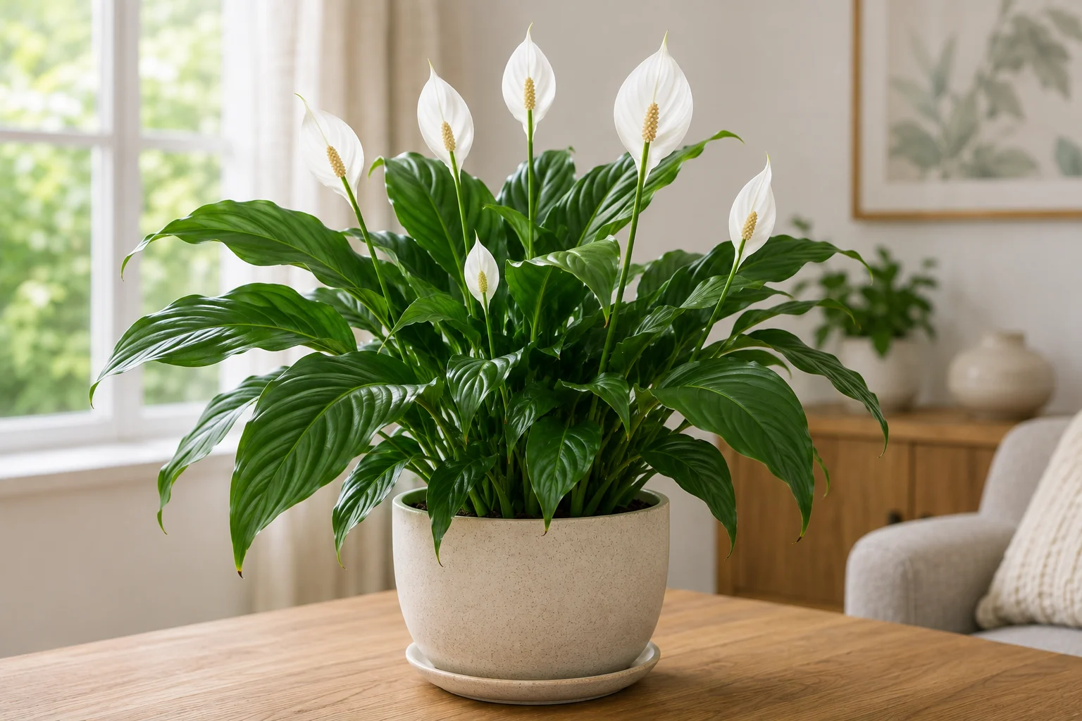 Healthy peace lily with green foliage and white blooms indoors in bright indirect light